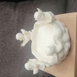 PartyLite Angel Circles pillar candle holder cherubs bird star ivory bisque